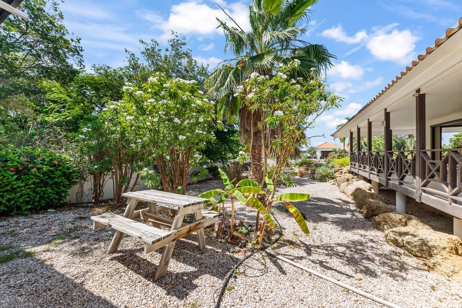 De tuin met picknicktafel