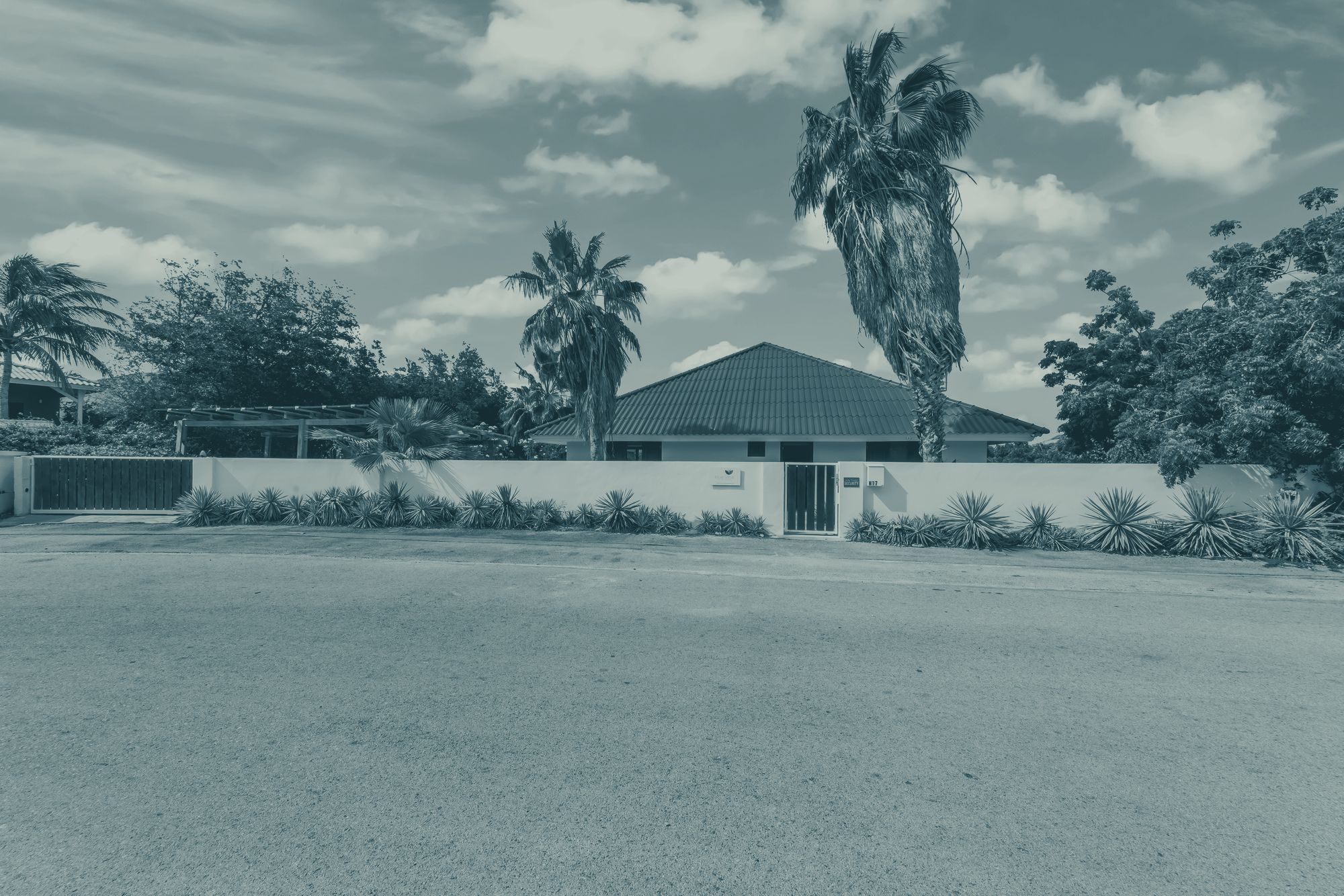 The driveway and gate of the villa